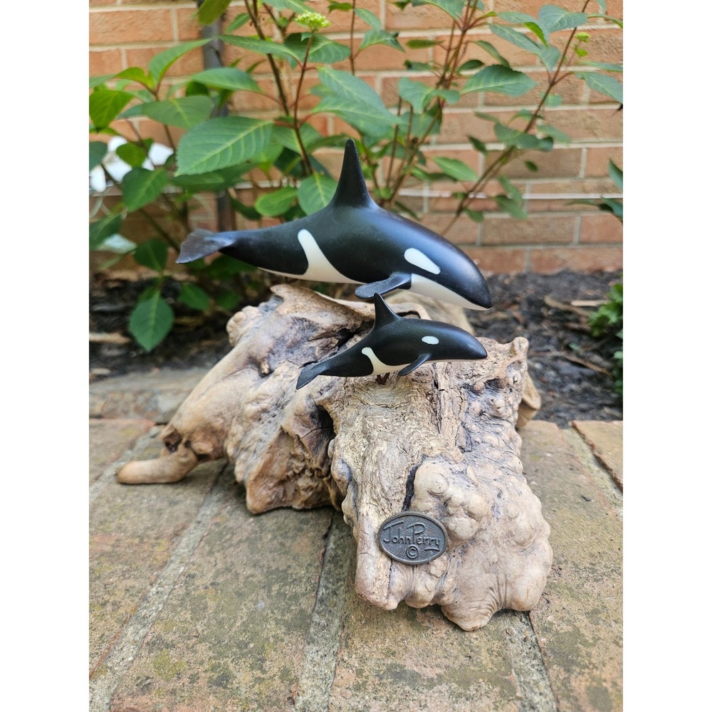 Vintage John Perry Orca Whale Mother & Calf Sculpture On Burl Wood - Picture 2 of 13